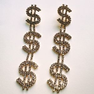 4" Gold Stud Rhinestone $$$ Sign Dangle Earrings